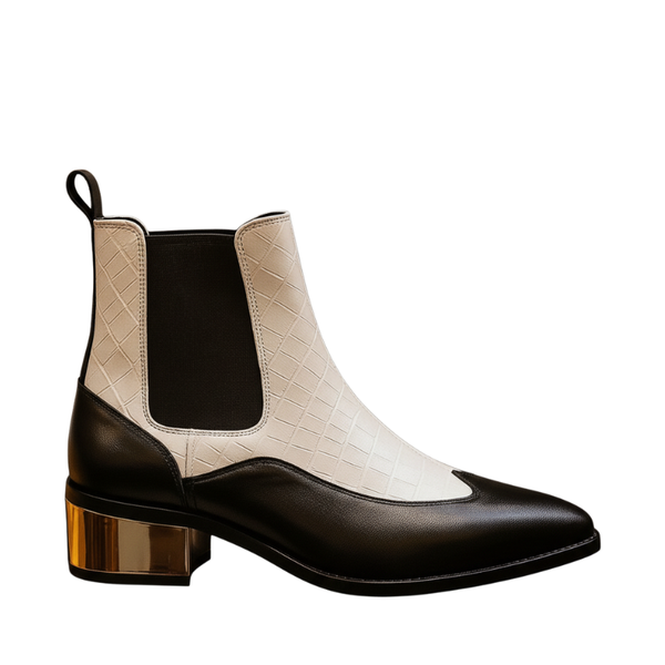 Luxury Dual Tone Croco Leather Chelsea Boots with Metallic Gold Heel - Black / White