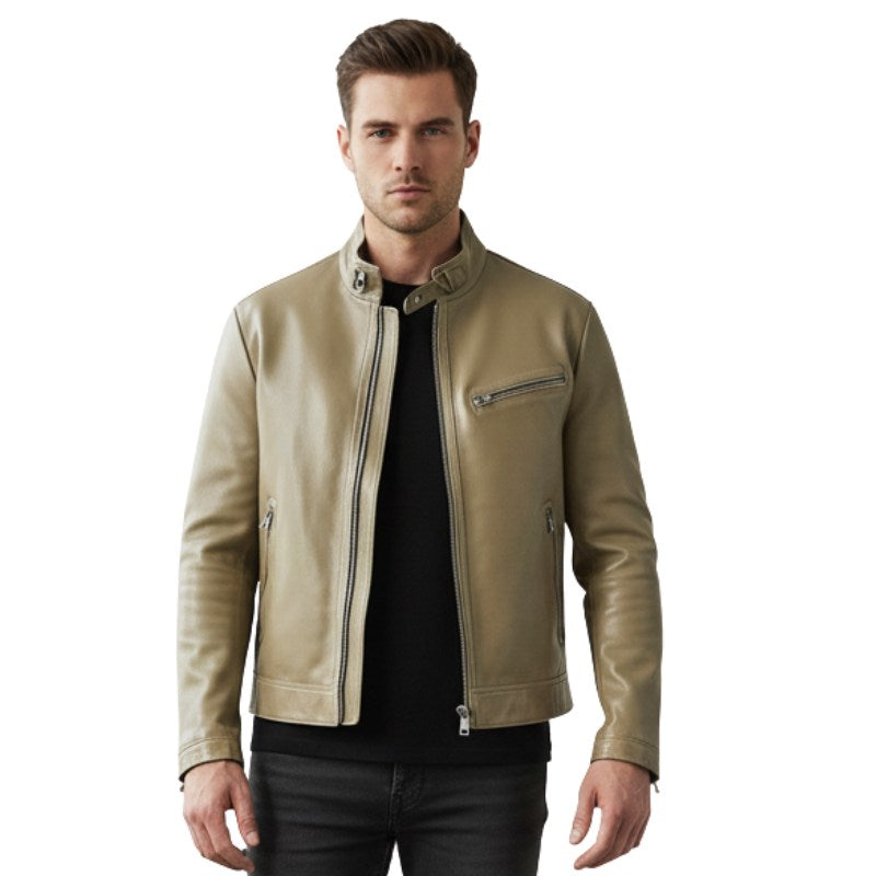 Classic Leather Stand-Collar Biker Jacket