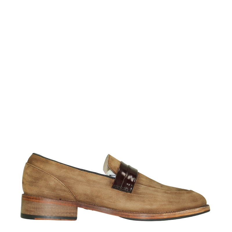 Luxury Suede Leather Oak Wood Penny Loafer with Strap