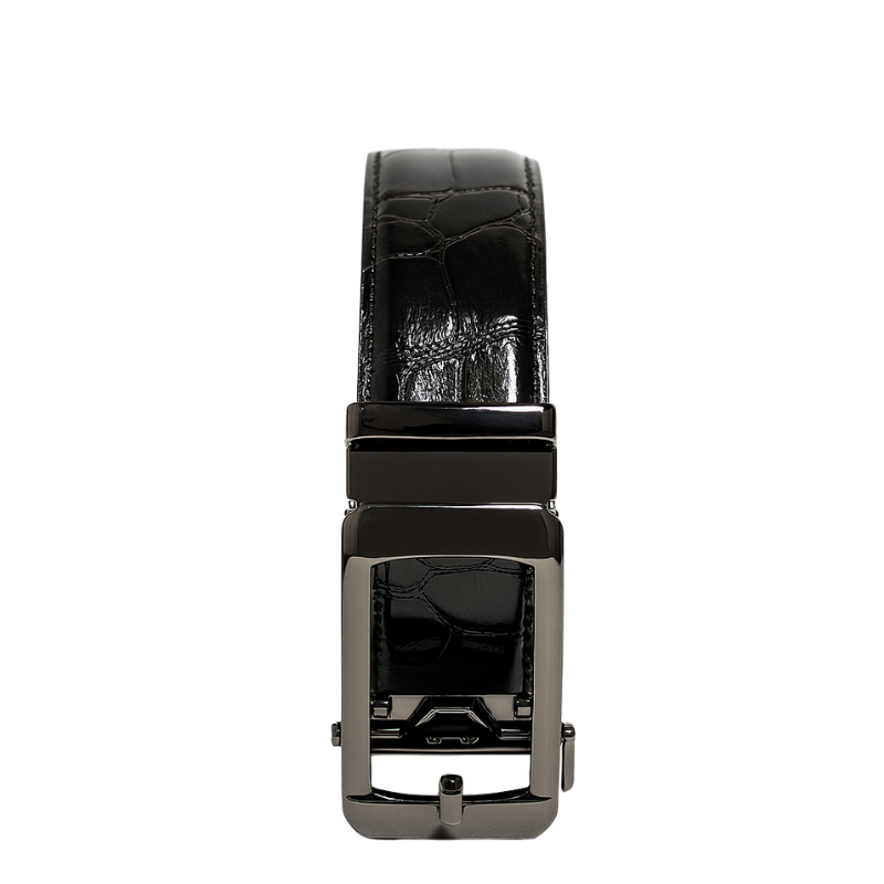 Croco Leather Black Strap Belt with Plain Frame Autolock Buckle