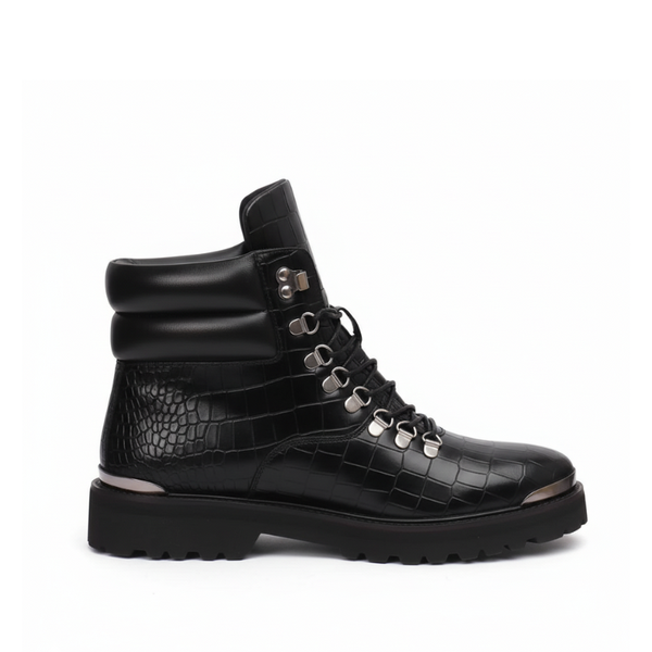 Zip Closure Wine Deep Cut Leather Chunky Boots - Black