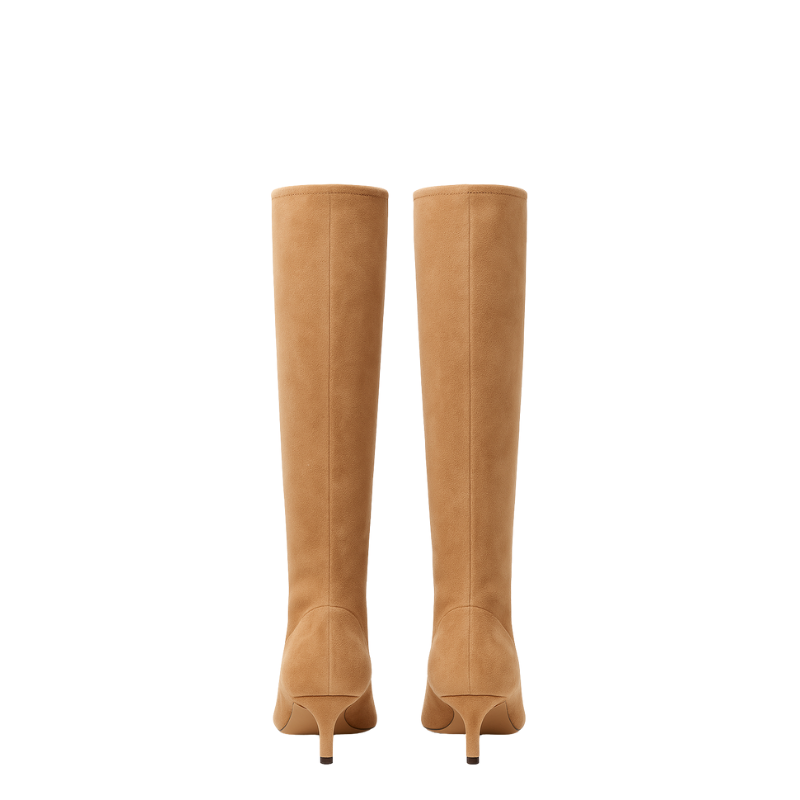 Premium Brown Knee High Kitten Heel Square Toe Tall Leather Boots for Women's