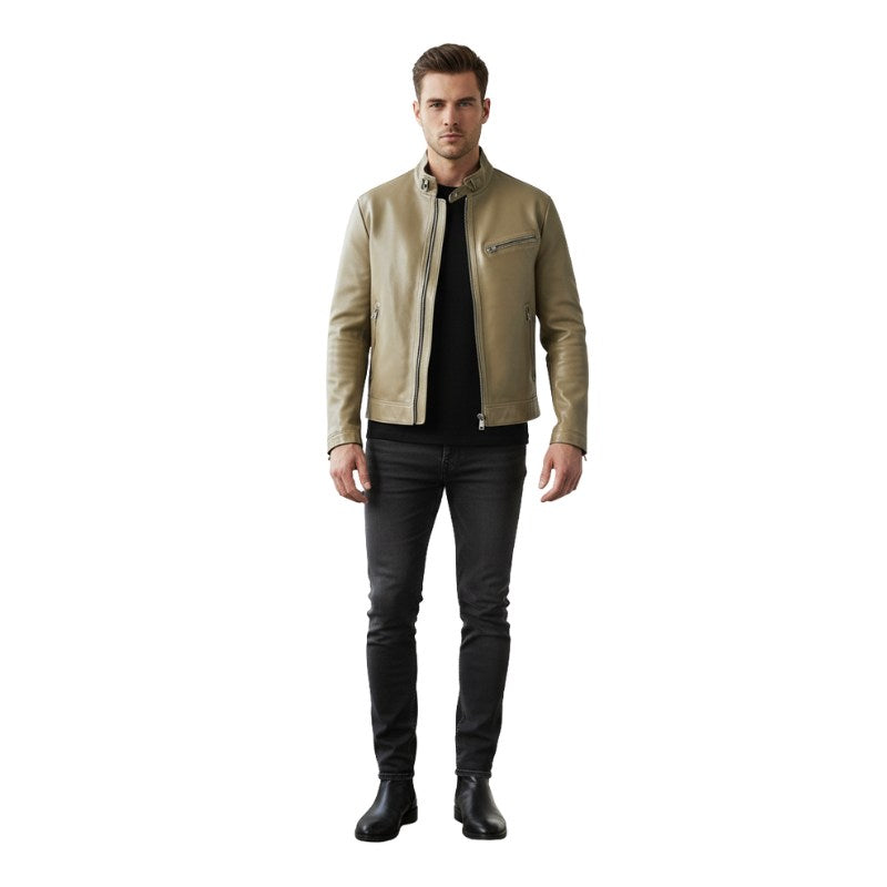 Classic Leather Stand Collar Biker Jacket