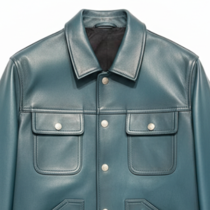 Classic Teal Leather Trucker Jacket
