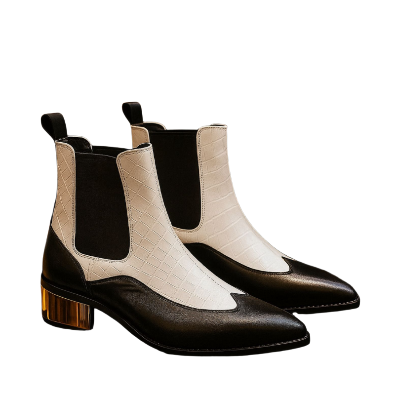Luxury Black & White Dual-Tone Croco Leather Chelsea Boots with Metallic Gold Heel