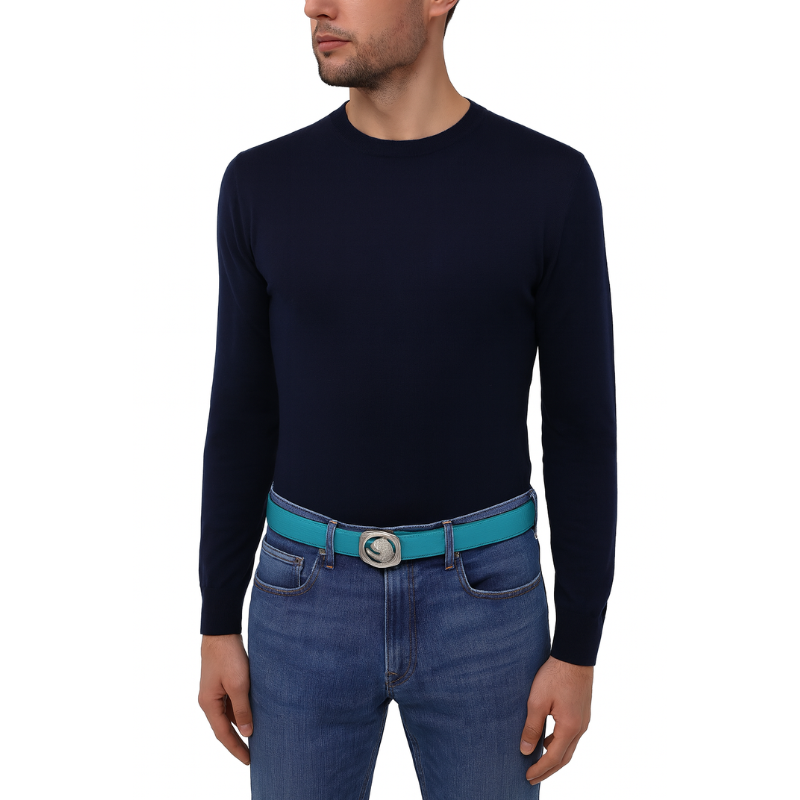 Italain Silver Regal Jaguar Buckle Belt with Turquoise Blue Leather Strap