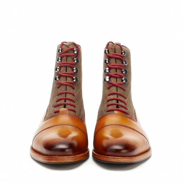 Mens Leather Tan Plaid Ankle Boot
