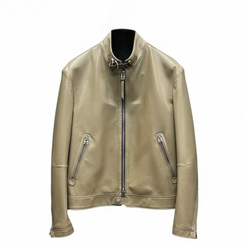Classic Leather Stand Collar Biker Jacket