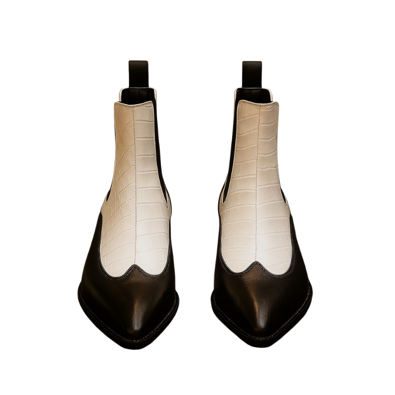 Luxury Blue & White Dual-Tone Croco Leather Chelsea Boots with Metallic Gold Heel