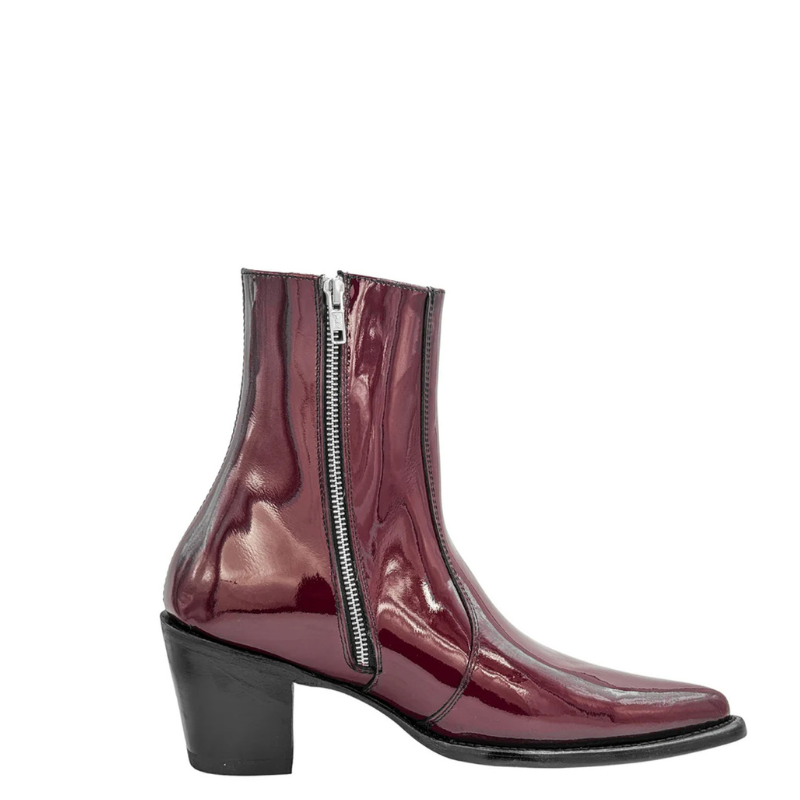 Patent Leather Wine Pointed toe Side Zipper Ankle Boot