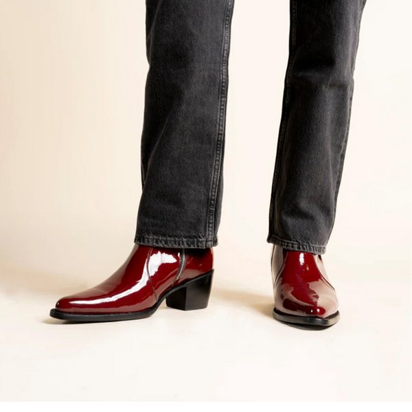 Patent Leather Wine Pointed toe Side Zipper Ankle Boot