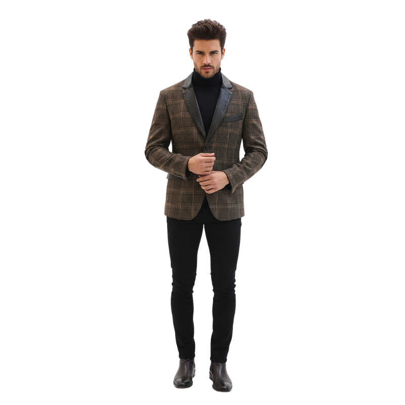 Men s Heritage Plaid Leather Trim Blazer