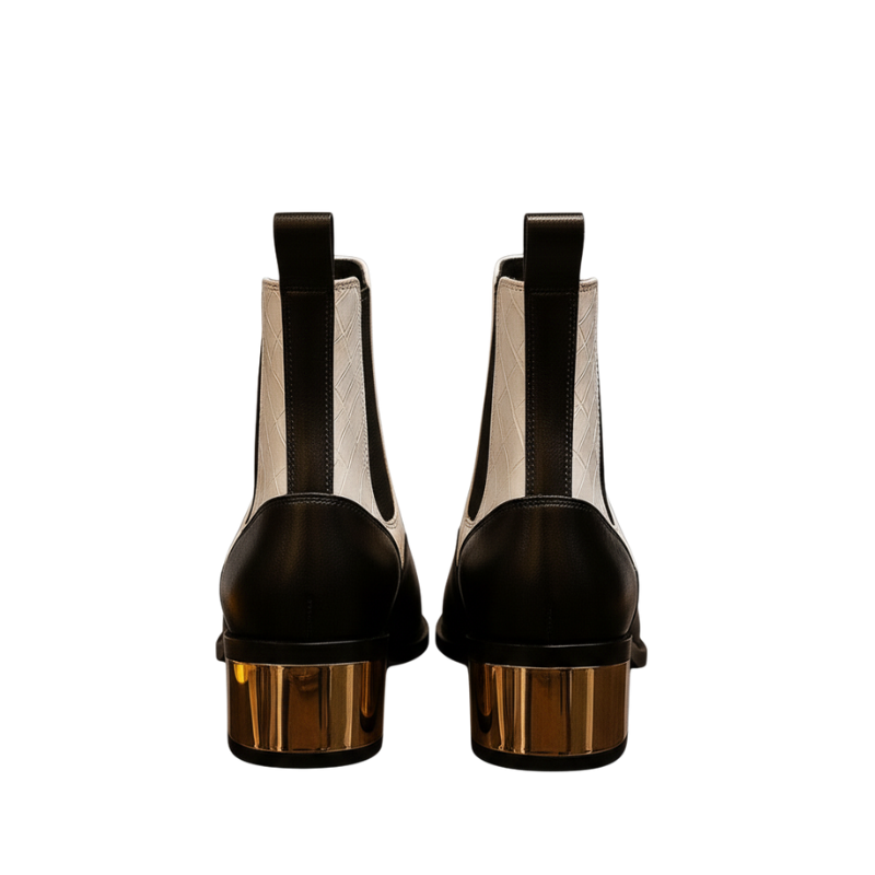 Luxury Dual-Tone Croco Leather Chelsea Boots with Metallic Gold Heel Luxury Dual-Tone Croco Leather Chelsea Boots with Metallic Gold Heel