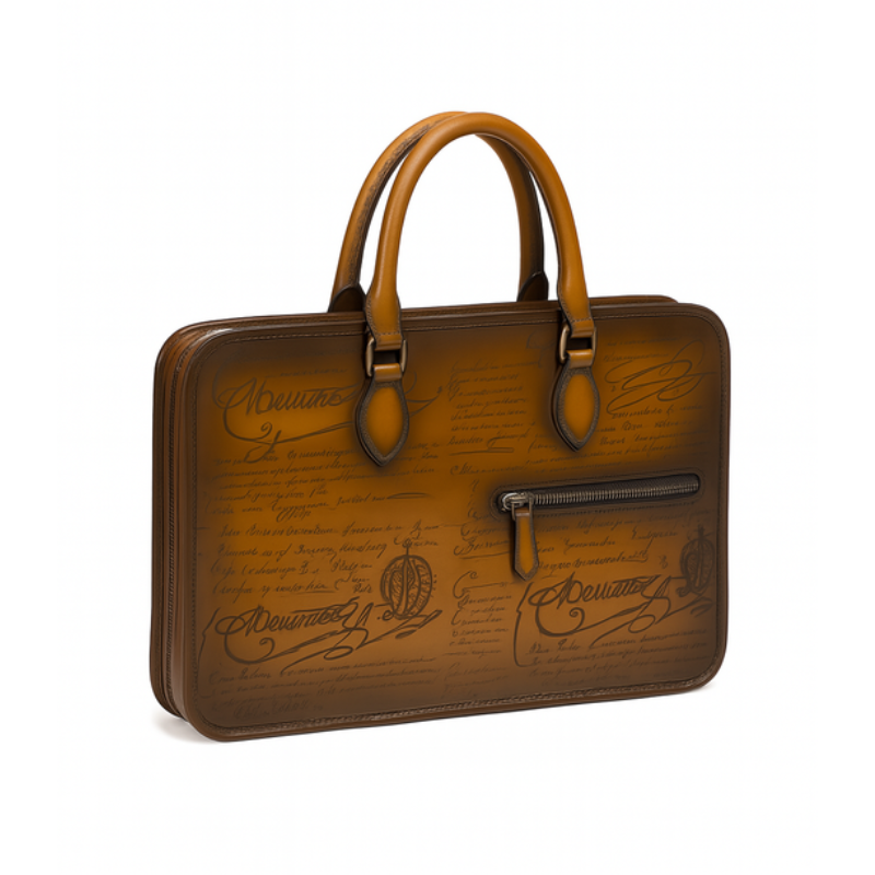 Luxury Handcrafted Printed Leather Chocolate Brown Briefcase