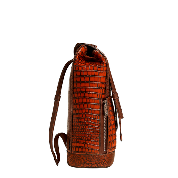 Luxury Sleek Croc Embossed Leather Backpack - Brown