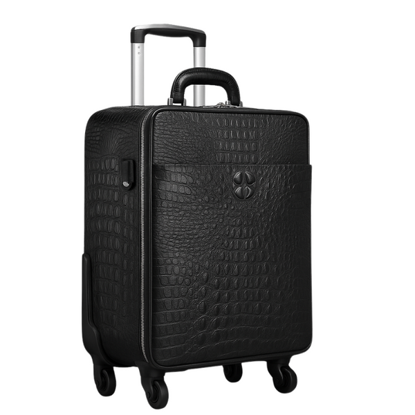Premium Crocodile and Alligator Leather Trolley Travel Bag - Black