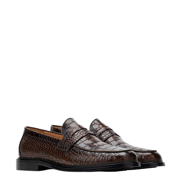 Croco Leather Printed Loafers - Brown