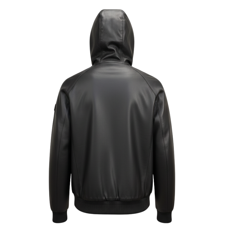 Luxury Onyx Leather Hooded Bomber