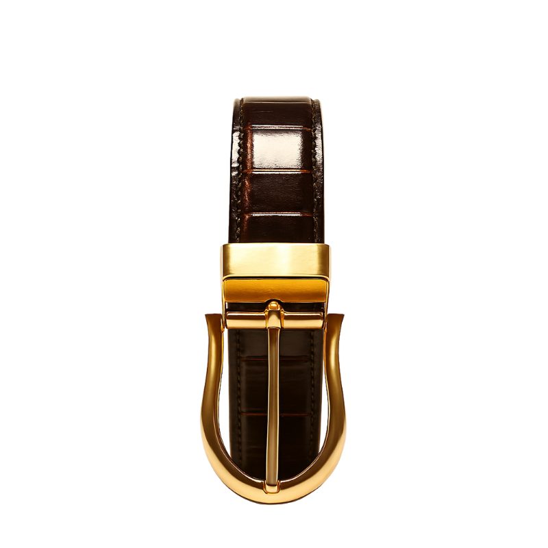 Croco Leather Dark Brown Strap Belt with Golden Reversible Buckle Closure