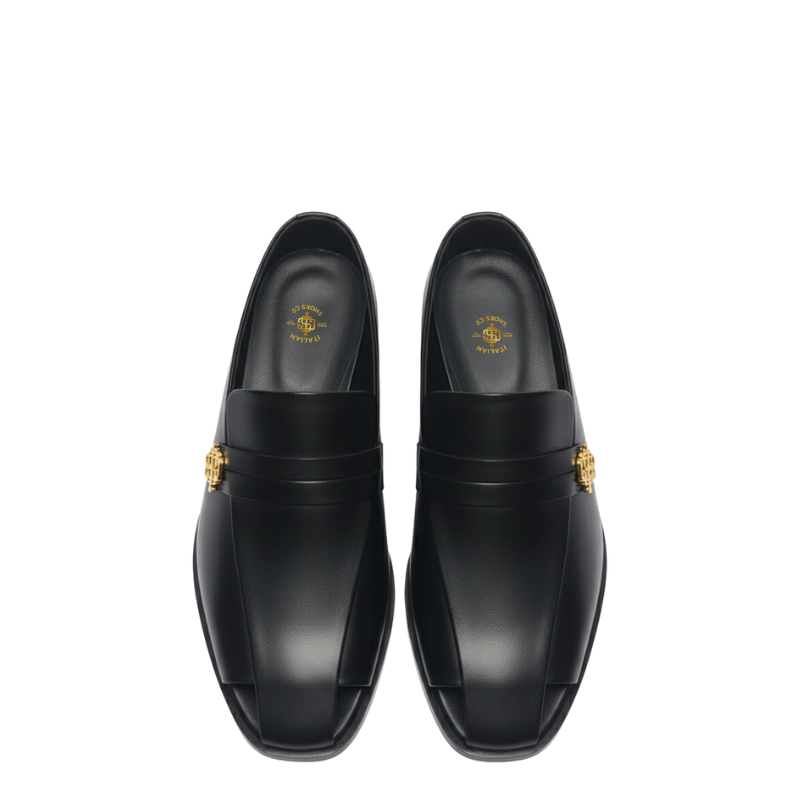 Italian luxe Golden Emblem Open-Toe Loafers