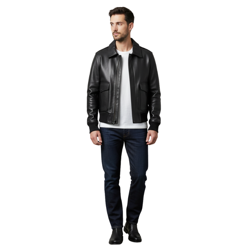 Dual Flap Aviator Leather Bomber Jacket