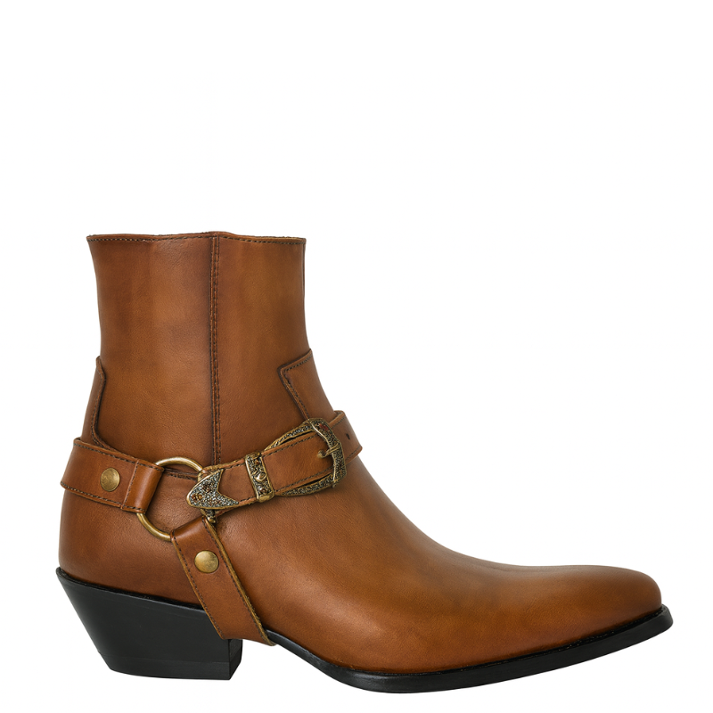 Luxury Leather Brown Boot With Engraved Metal Buckle Strap