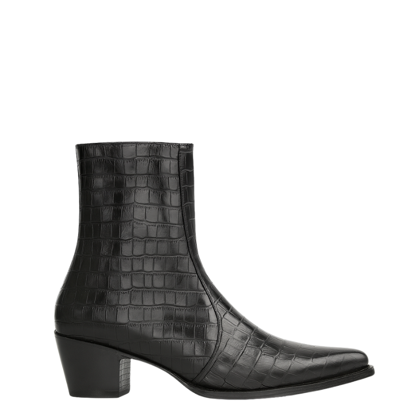 Mens Croco textured Black Leather Pointed Toe Side Zipper Boot