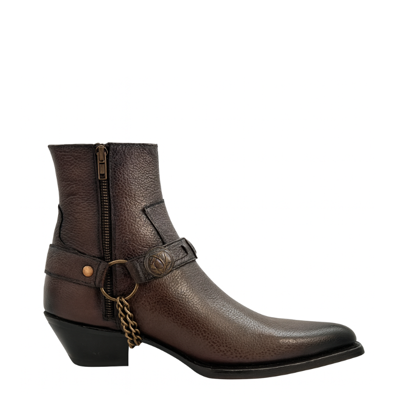 Luxury Textured Leather Dark Brown Side Zip Boots with Metal Chain