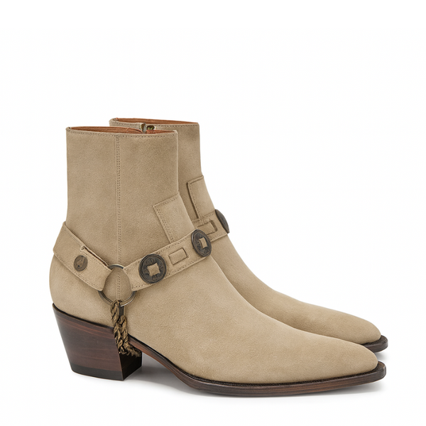 Luxury Textured Leather Beige Side Zipper Boots with Metal Chain