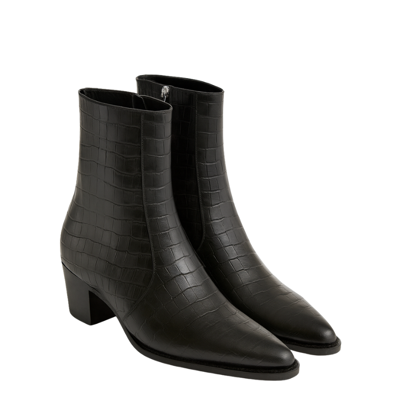 Mens Croco textured Black Leather Pointed Toe Side Zipper Boot