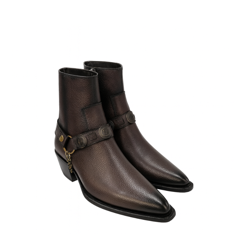 Luxury Textured Leather Dark Brown Side Zip Boots with Metal Chain