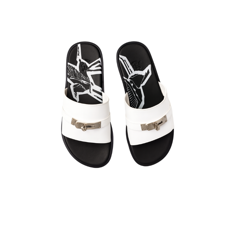 Mens Leather White Slip on Casual Slider