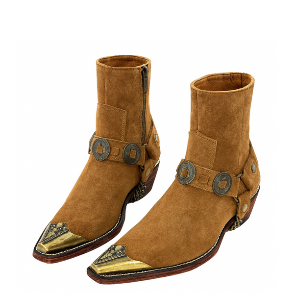 Luxury Suede Textured Leather Dark Tan With Golden Metal Toe