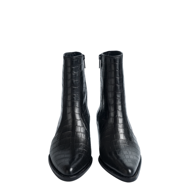 Mens Croco textured Black Leather Pointed Toe Side Zipper Boot