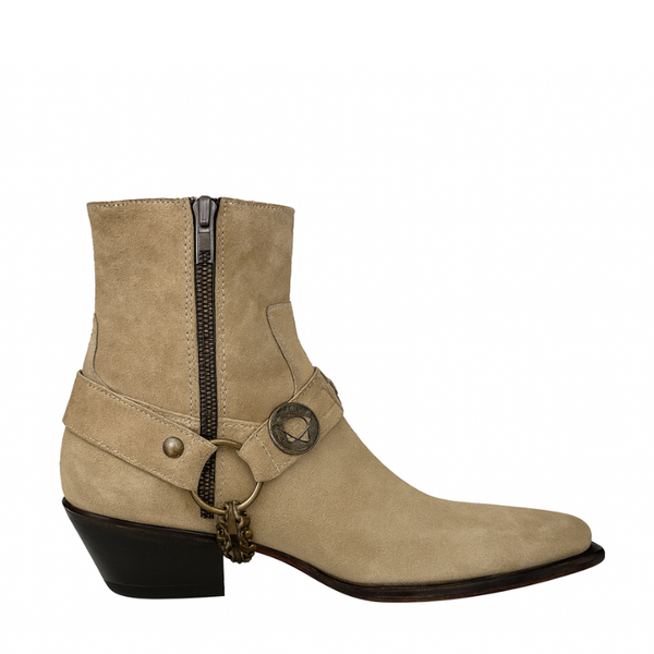 Luxury Textured Leather Beige Side Zipper Boots with Metal Chain