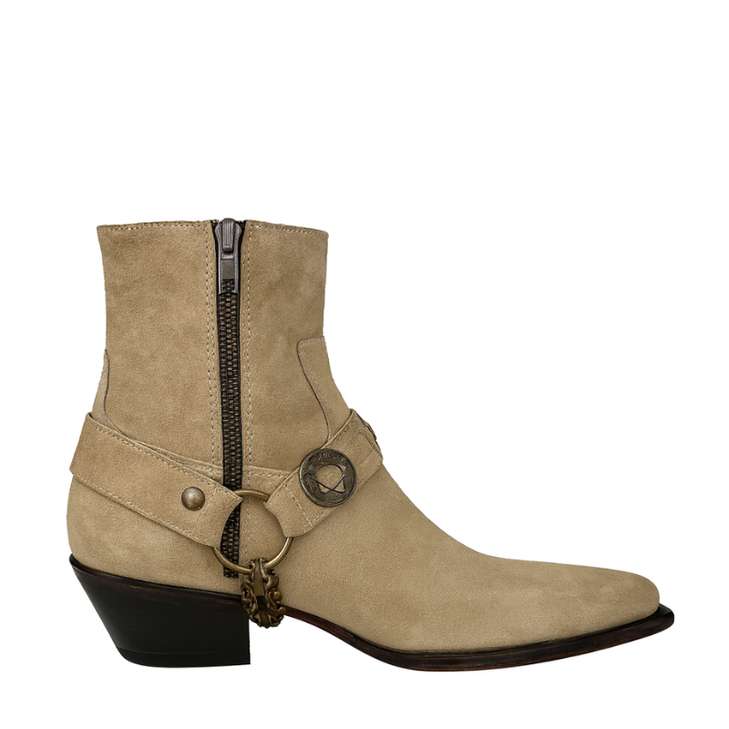 Luxury Textured Leather Beige Side Zipper Boots with Metal Chain