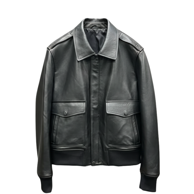 Dual Flap Aviator Leather Bomber Jacket