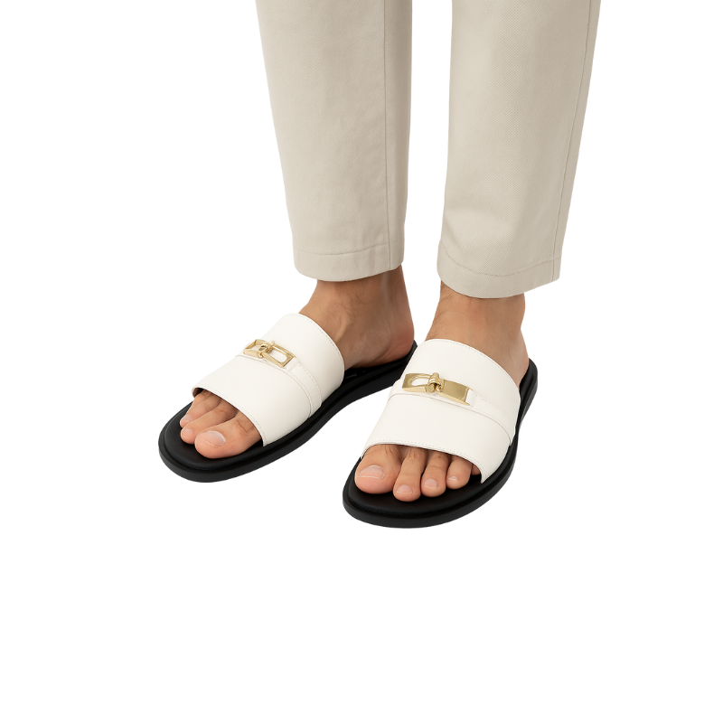 Mens Leather White Slip on Casual Slider