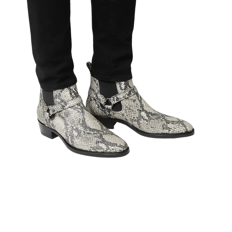 Mens Snakeskin patterned Boots With Metal Chain