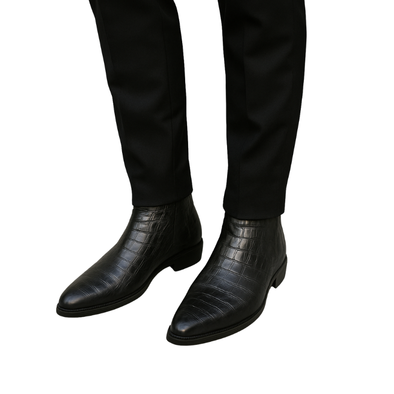 Mens Croco textured Black Leather Pointed Toe Side Zipper Boot