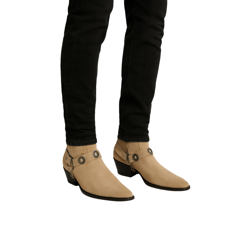 Luxury Textured Leather Beige Side Zipper Boots with Metal Chain