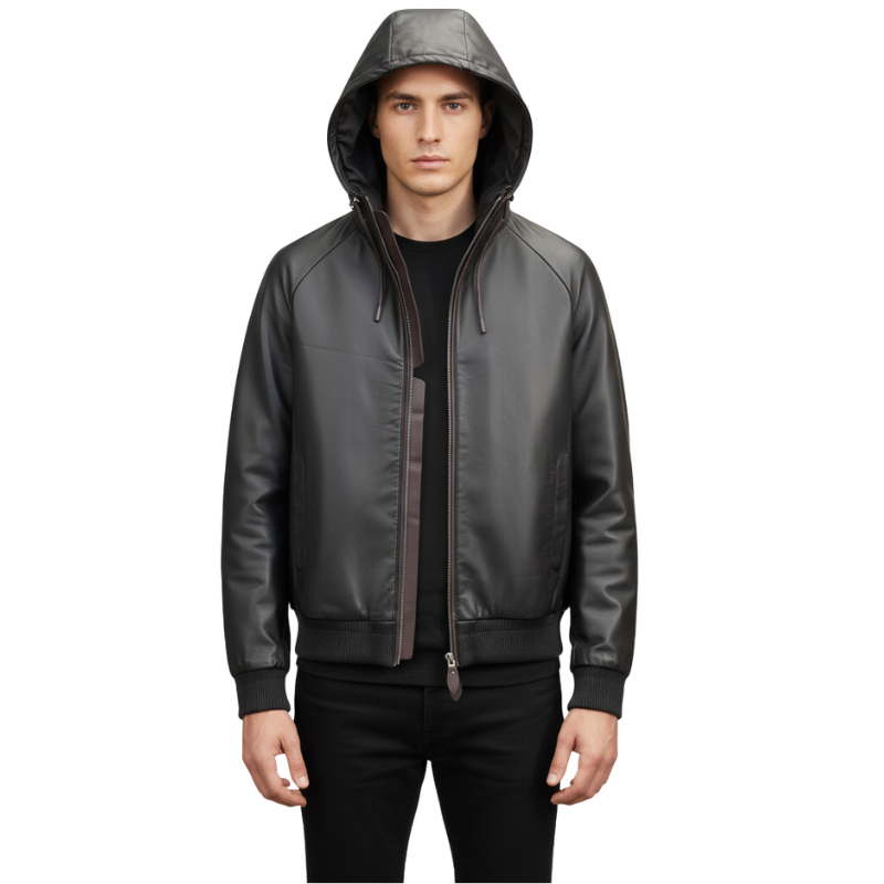 Luxury Onyx Leather Hooded Bomber