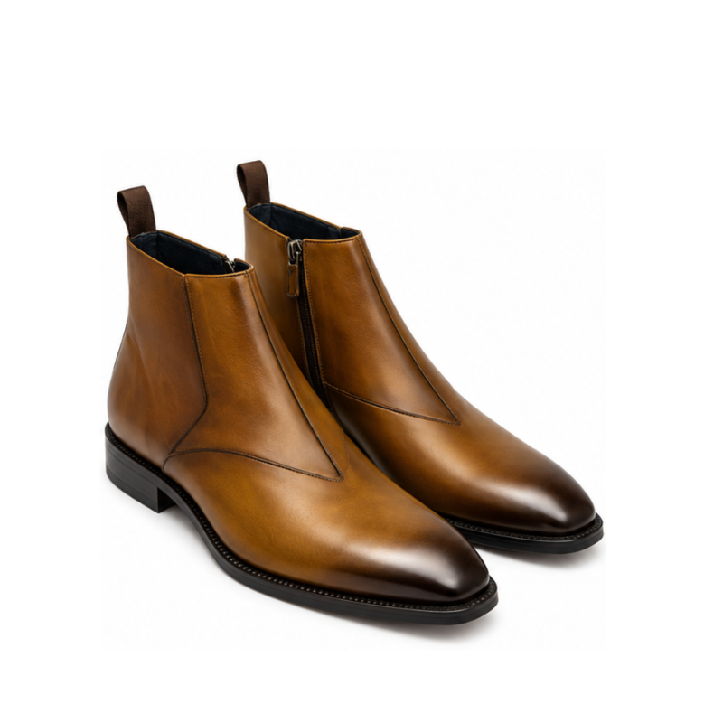V-cut Leather Side-Zip Chelsea Ankle Boots