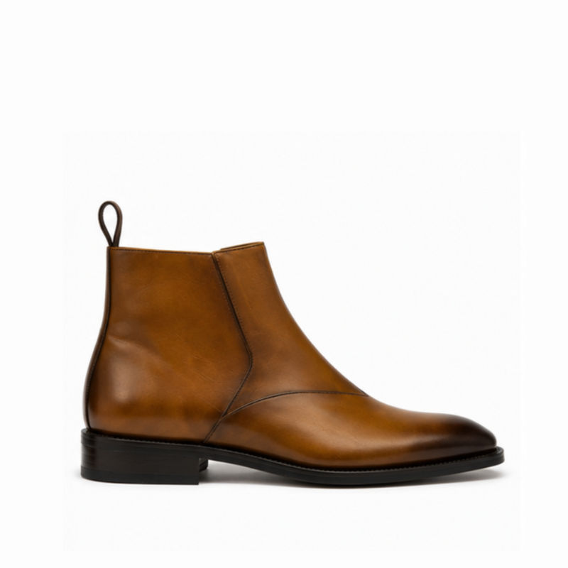 V-cut Leather Side-Zip Chelsea Ankle Boots