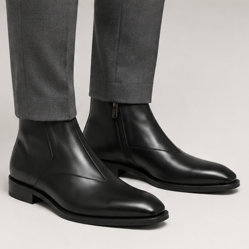 V-cut Leather Side-Zip Chelsea Ankle Boots