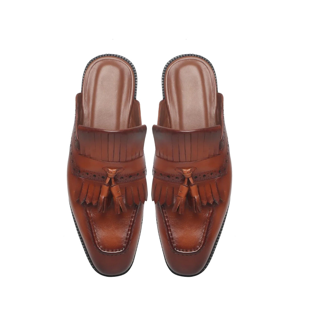 Tan Tassel Leather Mules