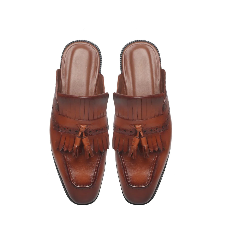 Tan Tassel Leather Mules