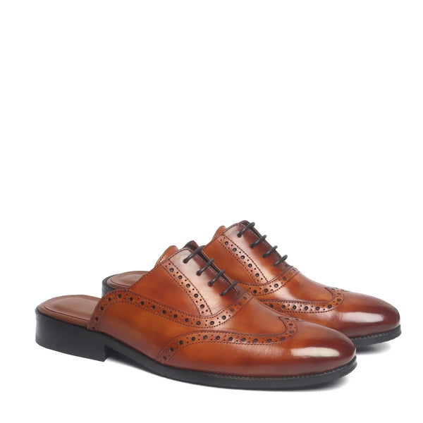 TAN LACE UP LEATHER MULES