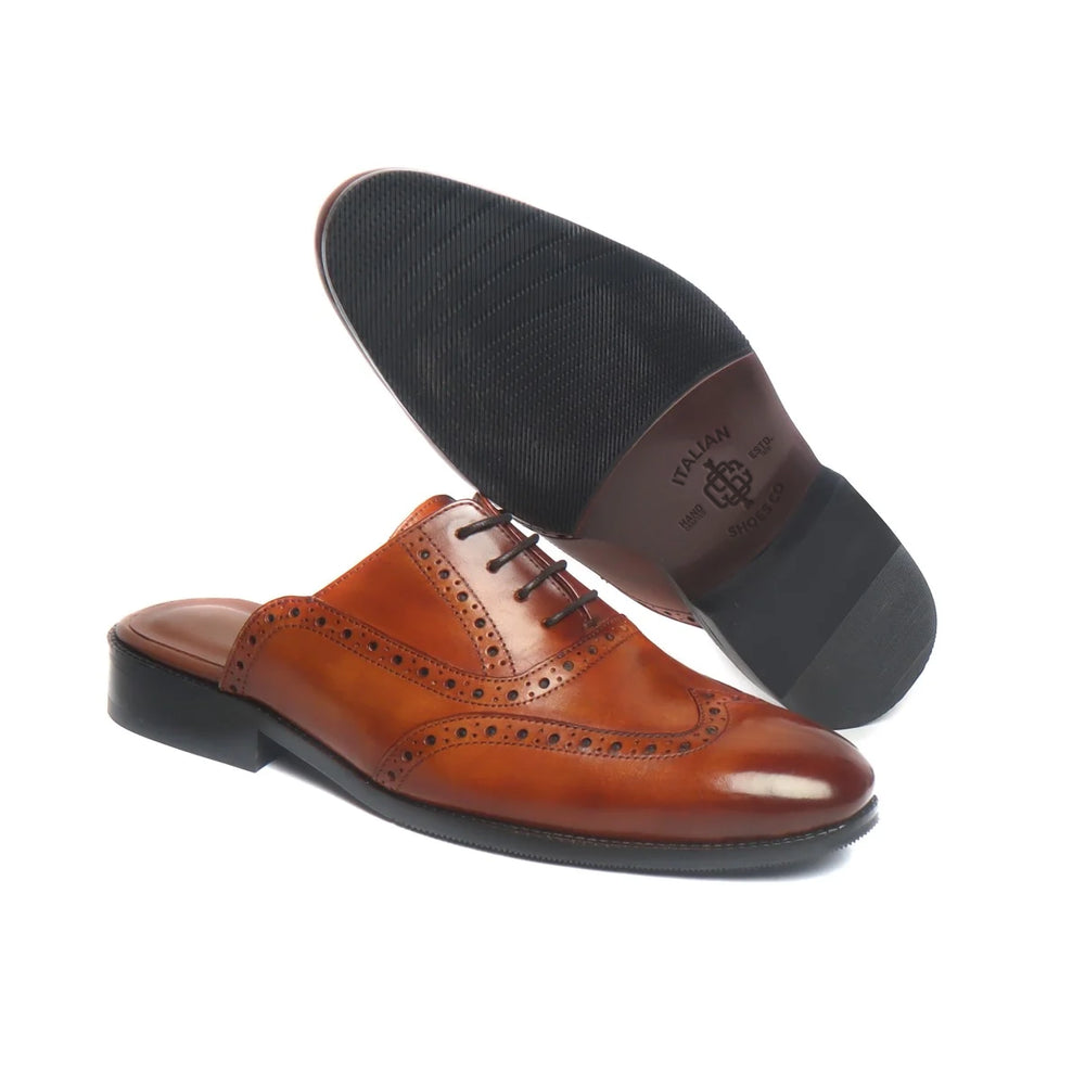 TAN LACE UP LEATHER MULES