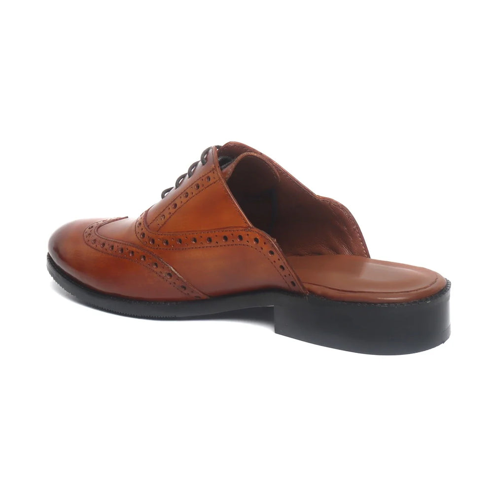 TAN LACE UP LEATHER MULES